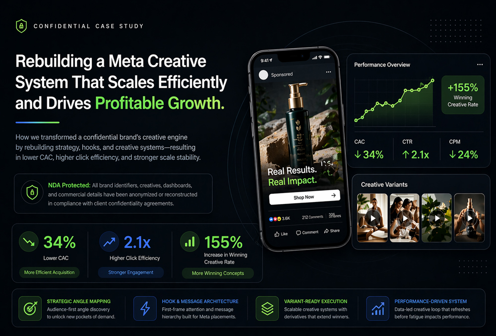 How a Confidential Consumer Brand Rebuilt Its Meta Creative System to Reduce CAC, Improve Click Efficiency, and Scale with Stronger Creative Signal Quality.